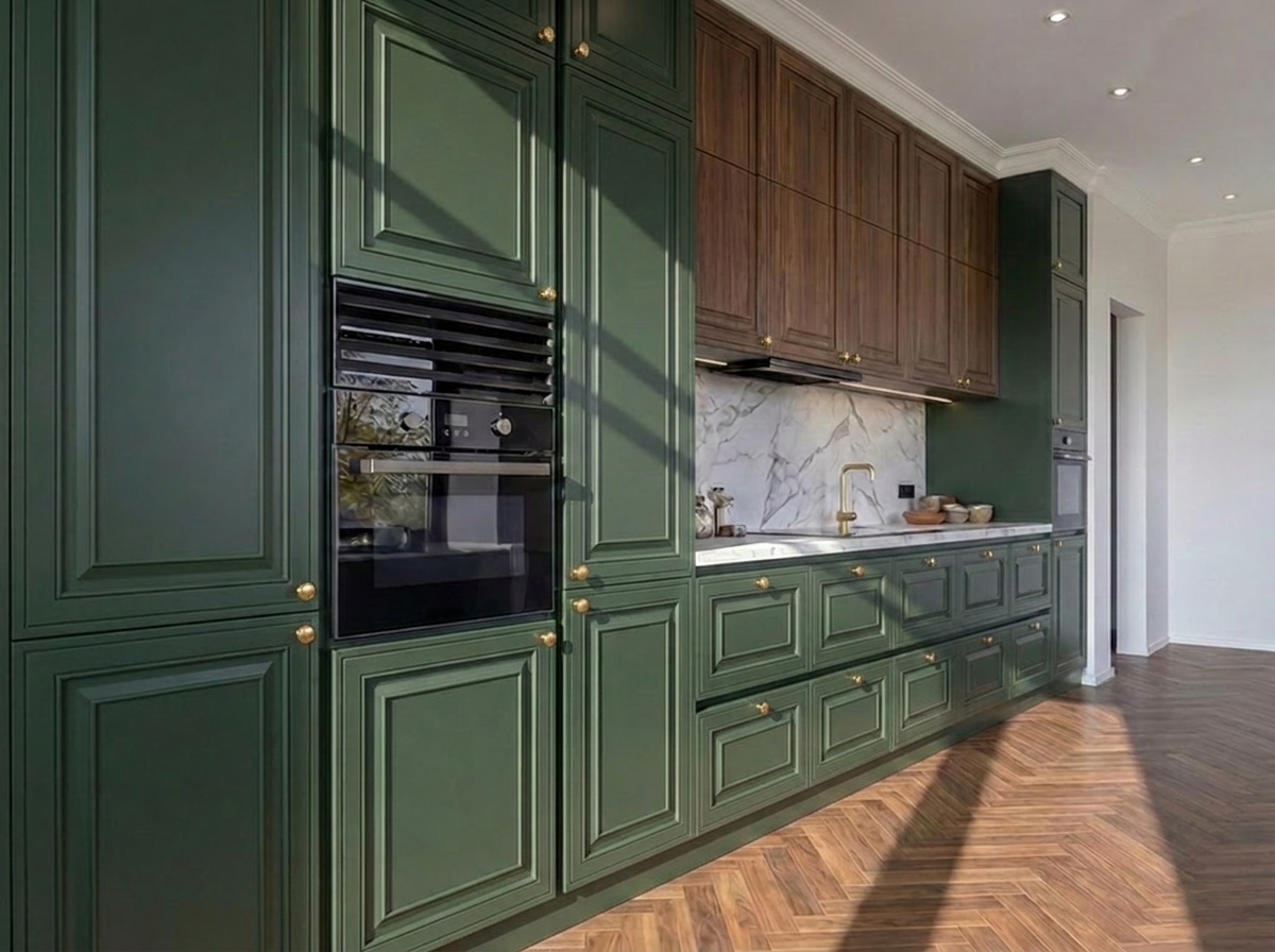 Deep green custom kitchen with brass hardware and walnut uppers
