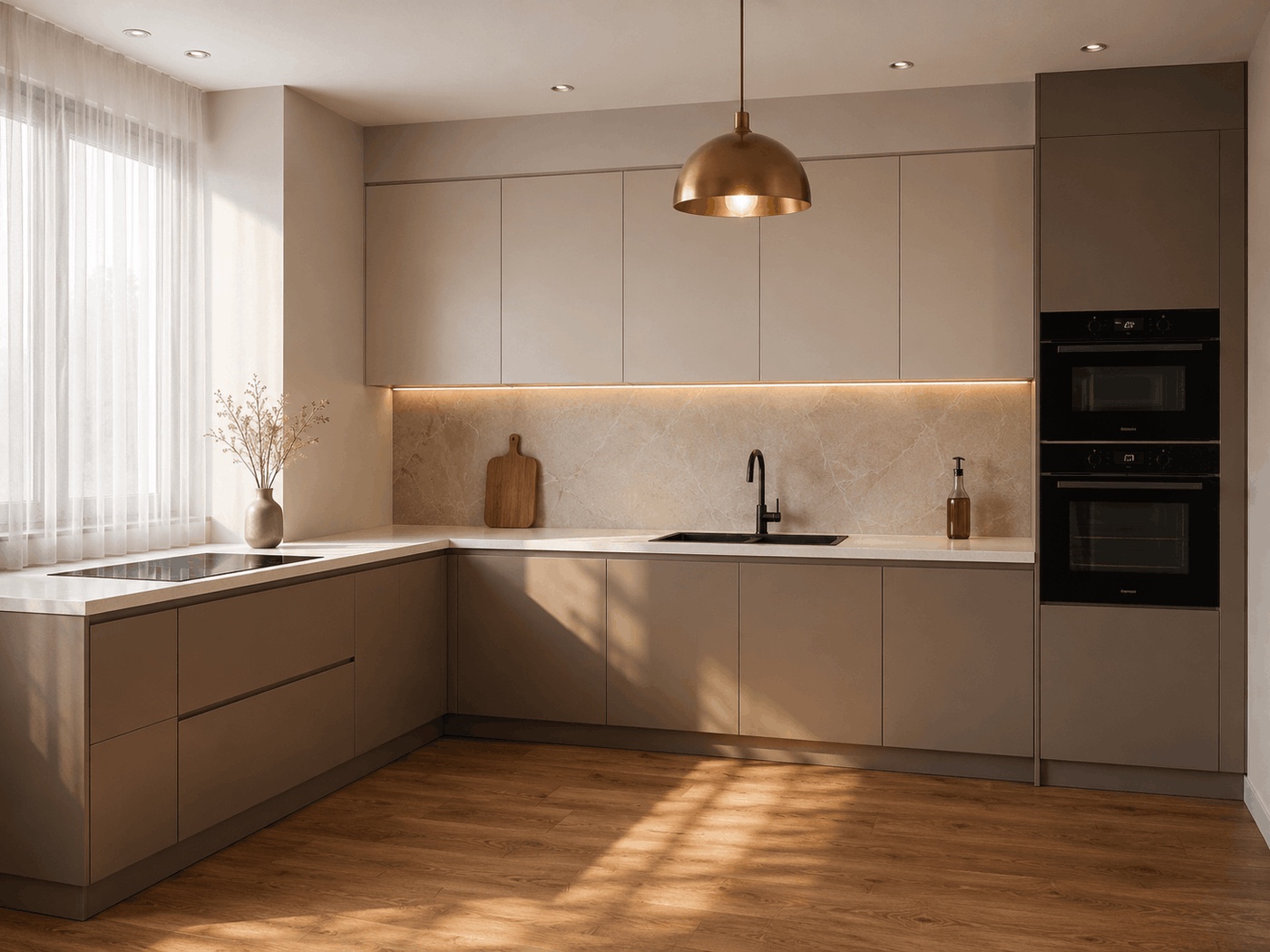 Installed U-shaped kitchen with marble backsplash and brass pendant