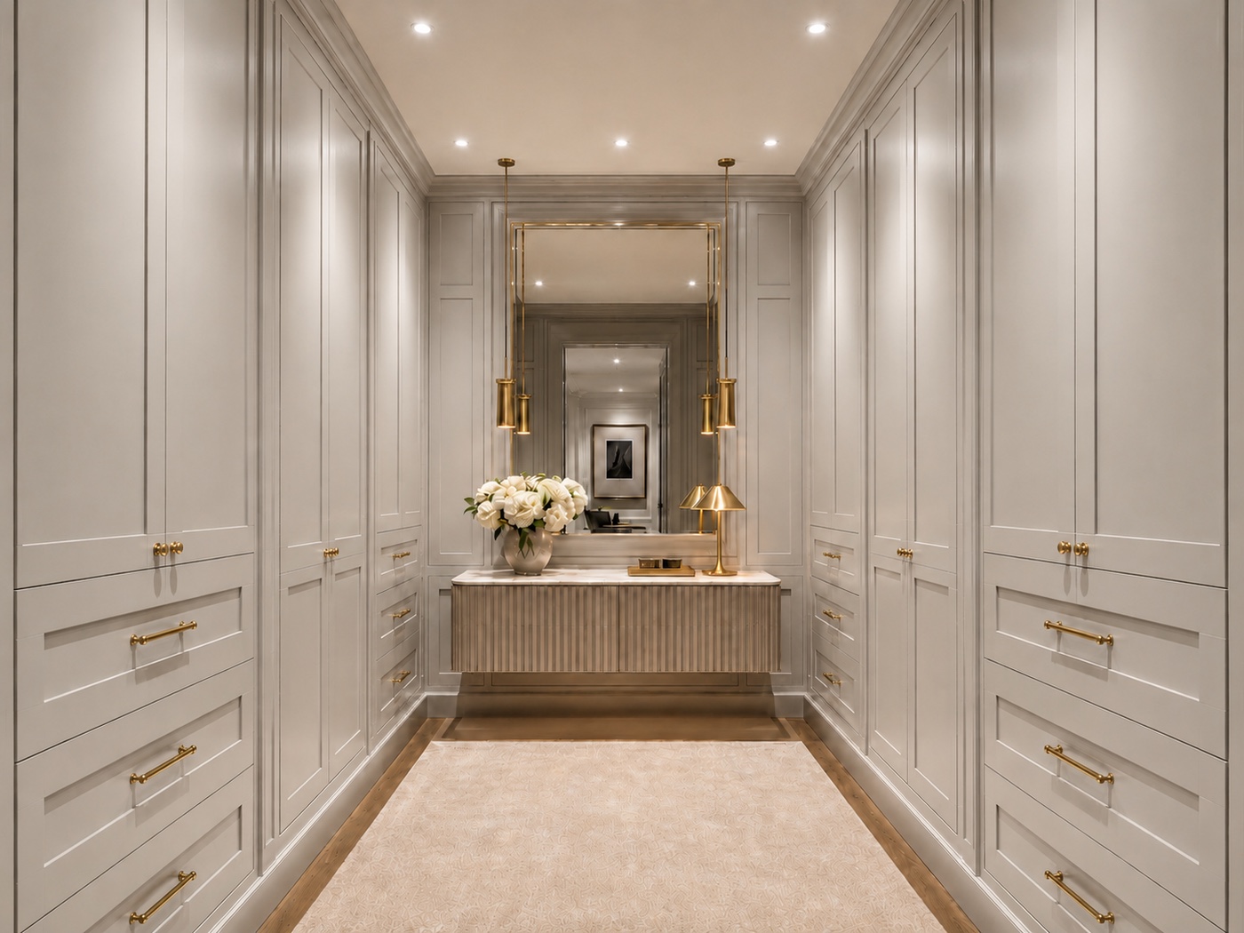 Walk-in closet with custom cabinetry and brass hardware